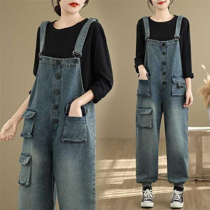 サロペット パンツ レディース 春 オールインワン ノースリーブ ワイドパンツ デニムパンツ デニムワイドパンツ デニム ロング丈 ポケット付き ゆったり 体型カバー 大きいサイズ ナチュラル カジュアルシンプル 無地 おしゃれ 美脚 可愛い 送料無料
