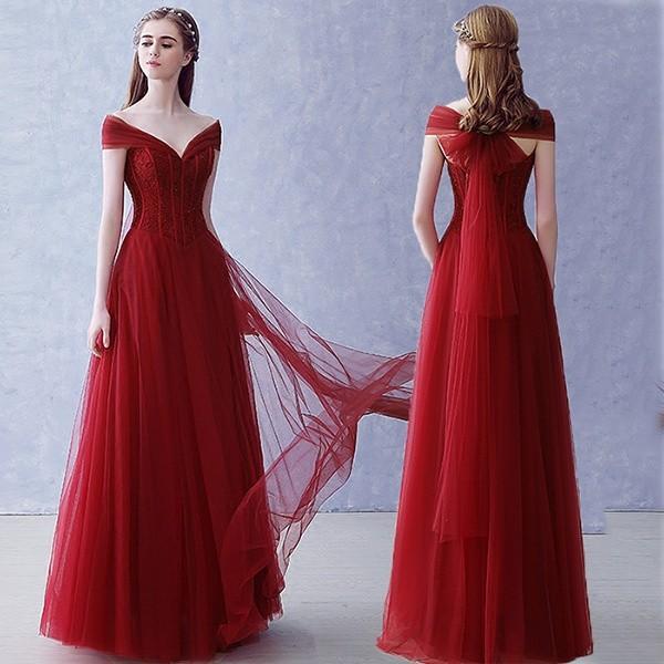 ロングドレス パーティードレス レディース 体型カバー ワンピース 結婚式 花嫁 二次会 フォーマル ピアノ発表会 舞踏会 大人 フォーマル Vネック ワインレッド