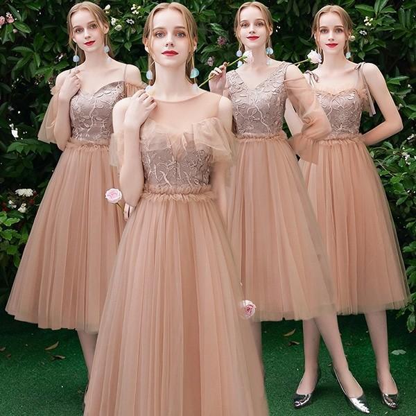 ブライズメイド ドレス ミモレ丈 二次会 4タイプ ノースリーブ 大きいサイズ 結婚式 体型カバー 袖あり オフショルダー ピアノ 発表会 演奏会