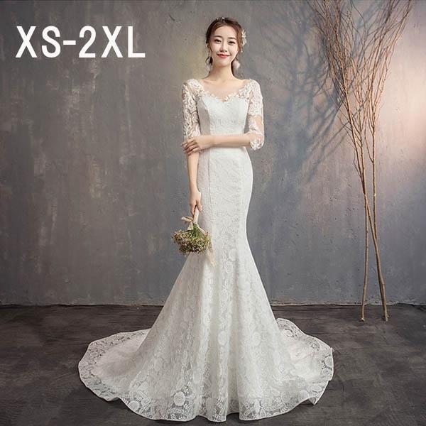花嫁 ウェディングドレス フィッシュテール 小さいサイズ 袖あり 着痩せ 結婚式 二次会 ドレス 編み上げ