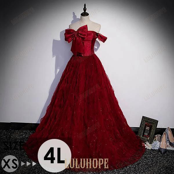 XS-4L パーティードレス 大きいサイズ 韓国 オフショルダー 大人可愛い プリンセス ワインレッド ドレス 大人 ピアノ 発表会 大きいリボン ロングドレス 演奏会