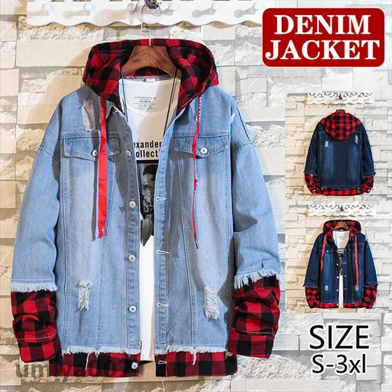 デニムジャケット メンズ 長袖 フード付き チェック ジージャン デニム ジャケット Gジャン ジーンズ トップス アウター 羽織 秋