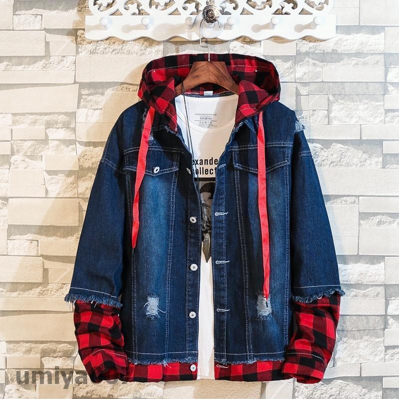 デニムジャケット メンズ 長袖 フード付き チェック ジージャン デニム ジャケット Gジャン ジーンズ トップス アウター 羽織 秋