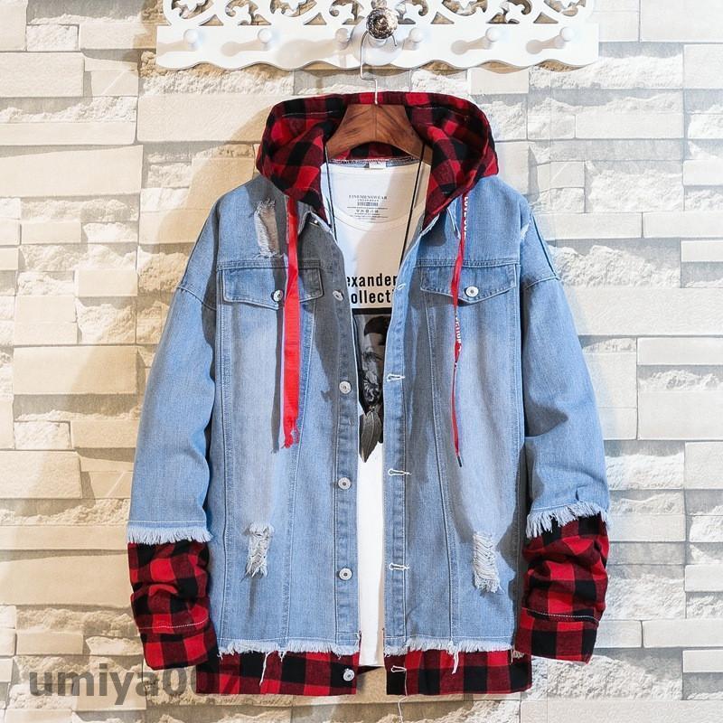 デニムジャケット メンズ 長袖 フード付き チェック ジージャン デニム ジャケット Gジャン ジーンズ トップス アウター 羽織 秋