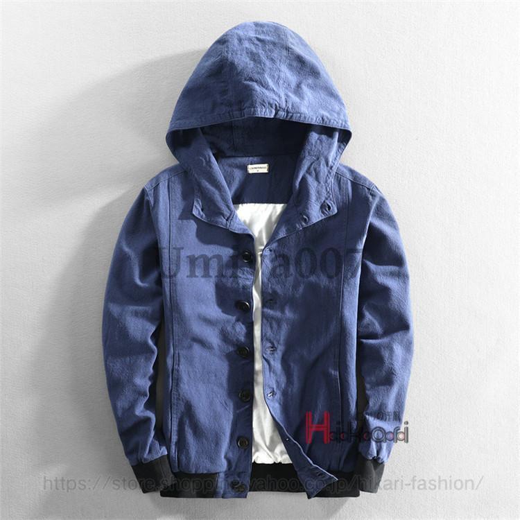 リネンジャケット メンズ ジャケット フード付き ボタン留め アウター ブルゾン はおり 薄手 無地 秋服 お兄系