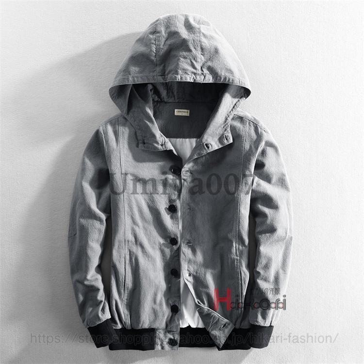 リネンジャケット メンズ ジャケット フード付き ボタン留め アウター ブルゾン はおり 薄手 無地 秋服 お兄系