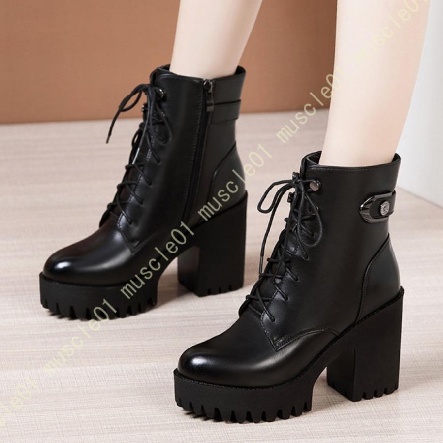 厚底 ショートブーツ ブーティ 太ヒール サイドジッパー 厚底ブーツ 編み上げ カジュアル コスプレ イベント パーティー ハイヒール アンクルブーツ 厚底靴