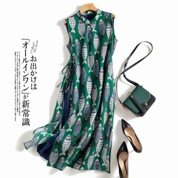 ワンピース ノースリーブ 吊りスカート ワンピ プリント 魚 エスニック Aライン 涼しい 薄手 ロング ワンピース ロング丈 体型カバー ゆったり ワンピ(4)