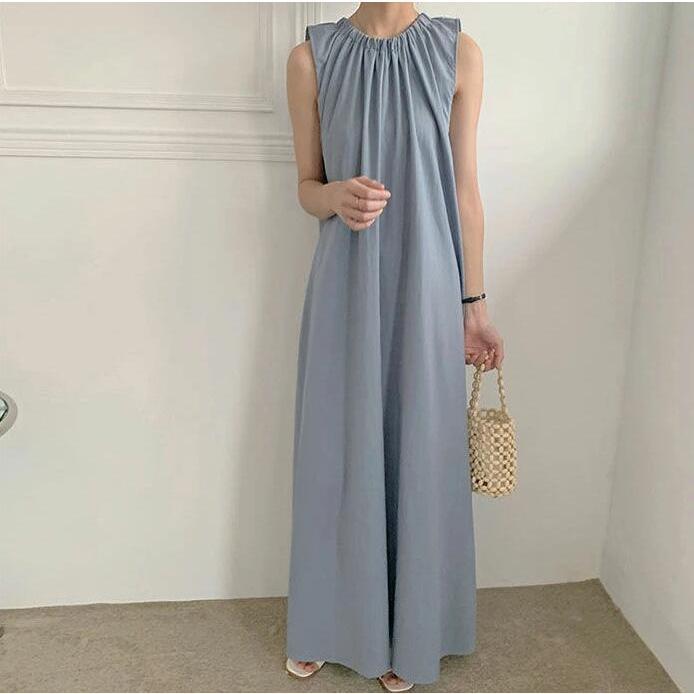 ワンピース ノースリーブ 夏 ギャザー入り マキシワンピース レディース ロング丈 フレア ワンピース きれいめ 体型カバー 春夏 可愛い おしゃれ