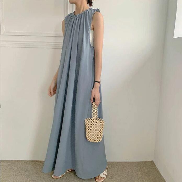 ワンピース ノースリーブ 夏 ギャザー入り マキシワンピース レディース ロング丈 フレア ワンピース きれいめ 体型カバー 春夏 可愛い おしゃれ