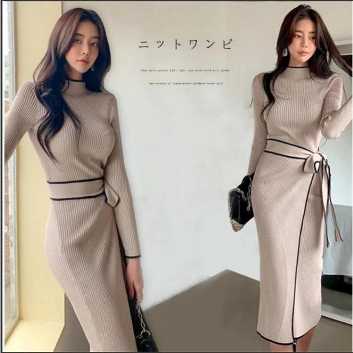 ニットワンピース レディース 40代 秋冬 長袖 ワンピース ハイネック ロングニットワンピース ベルト付き 大人 可愛い ゆったり 韓国風 通勤