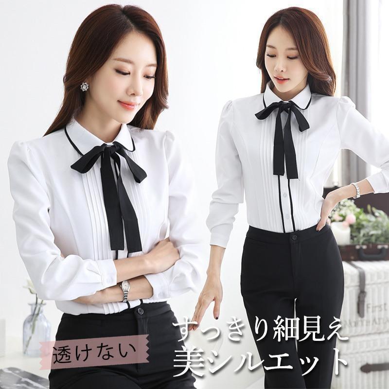ワイシャツ レディース 長袖 ブラウス 事務服 透けにくい シャツ オフィスシャツ 着痩せ ビジネスシャツ 無地 Vネック 仕事 ビジネス 就活 通勤