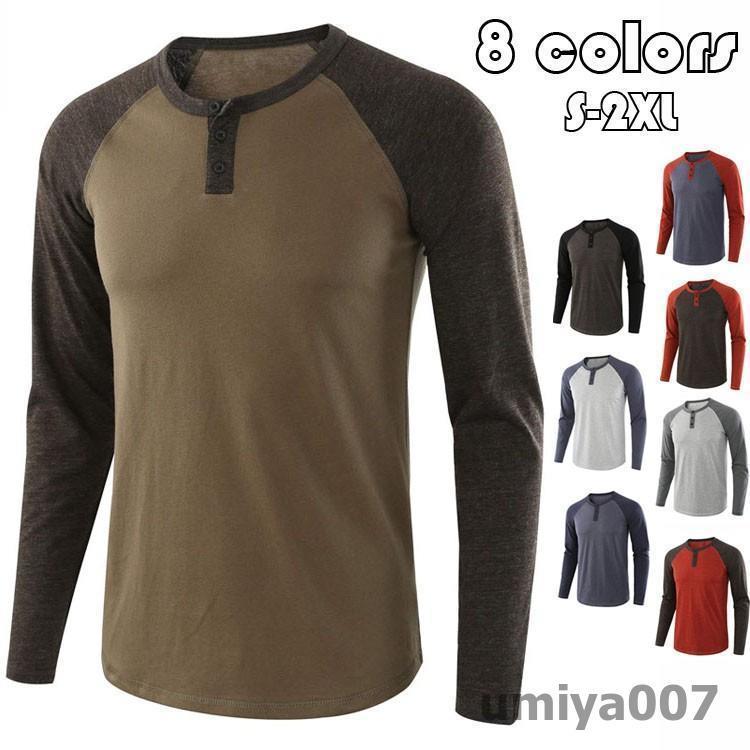 Tシャツメンズヘンリーネック綿配色...