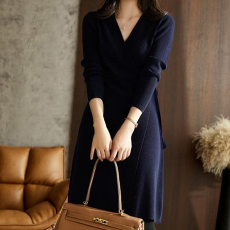 ニットワンピース 春 秋冬 ワンピース 長袖 タイト ラップワンピース vネック 無地 ロング丈 きれいめ 春 秋 冬 大人可愛い 結婚式ワンピース