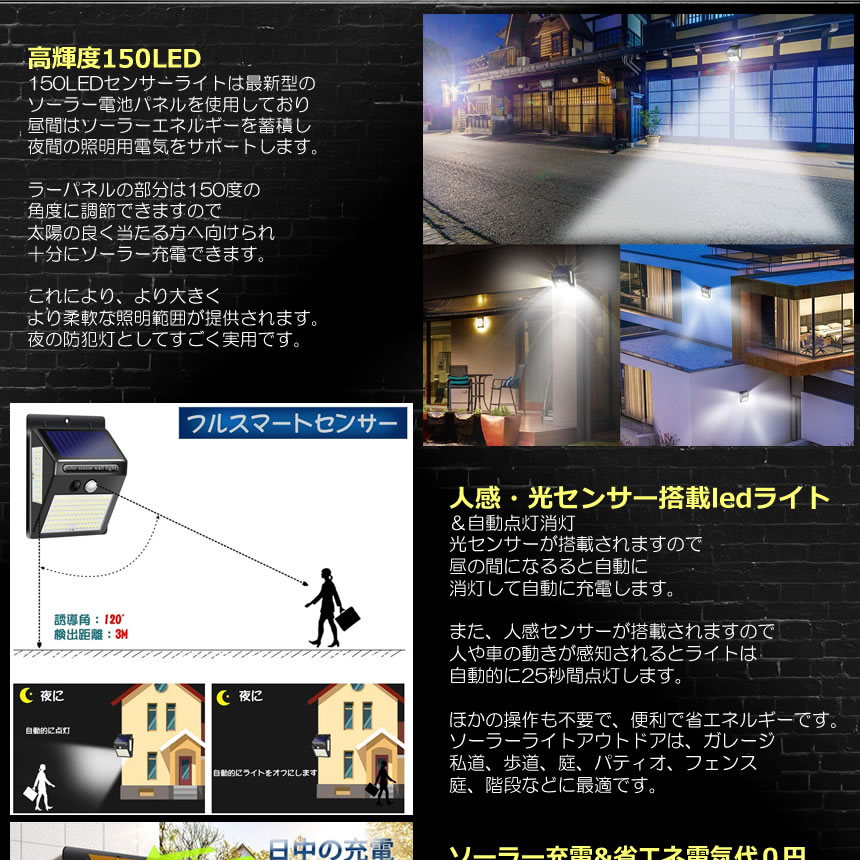 【 3面発光 】 ソーラーライト 屋外 防水 防犯 ガーデンライト センサーライト ソーラーセンサーライト 人感センサー 自動点灯 消灯 高輝度 150LED 照明 ライト 屋外照明 庭 玄関 駐車場 停電緊急対策 防災 防犯ライト 3モード 送料無料 150SMALIG gbds-10003683 グローバルディスカバリーズ サンプル画像3
