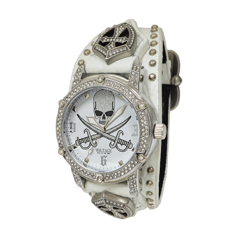 【2/10限定最大2000円OFFクーポン発行＆エントリーでP4倍！更に全商品ポイント3倍！】 VOLTAGE ヴォルテージ VO-026AS-01W スカルソード×クリスタル装飾 自動巻き腕時計 日本製ムーブ搭載