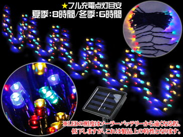 ソーラーイルミネーション 200球 LED 充電式 クリスマス 8パターン 防水 防滴 赤青黄緑 RGBカラフル 16m 光センサー内蔵 自動ON/OFF crd