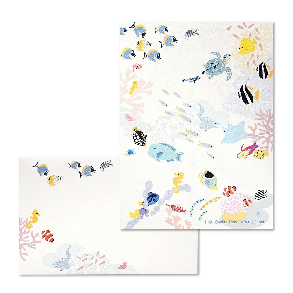 便箋10枚（2柄×各5枚）・封筒4枚セット｜ 海のなかまたち｜便箋サイズ： 200×148mm／ヨコ罫線12行・10.2mm巾、封筒サイズ：110×185mm [xbf0107] | G.C.PRESS（ジーシープレス）| 文房具 封筒便箋セット レターセット 水族館 魚 夏柄レター