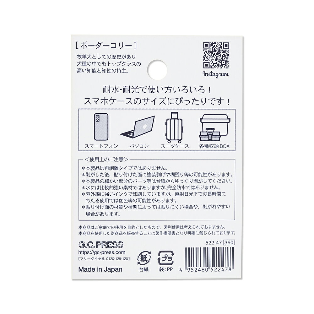 ステッカー1枚入 | ボーダー・コリー [523-21] |台紙サイズ：100×70mm｜ G.C.PRESS（ジーシープレス） | 文房具 フレークステッカー エンブレムステッカー デコステッカー 犬 ドック イラスト 防水 耐水 動物 スマホ スーツケース ノートPC タブレット ギフト