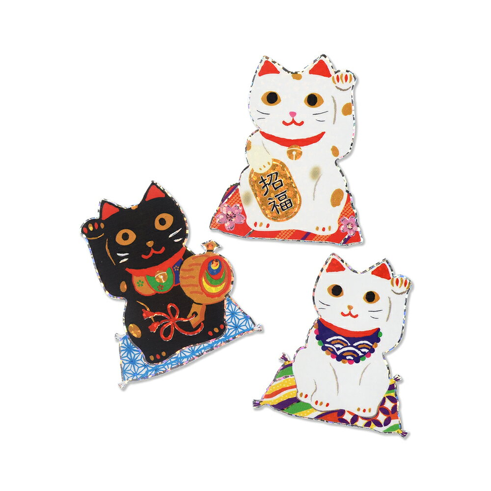 耐水耐光仕様ステッカー3ピース入| 招き猫3種[522-72]｜台紙サイズ：100×70mm｜文房具 動物 どうぶつ 縁起物 開運招福 幸運 金運 千客万来 日本のお土産 ラッキーキャット スマホ スーツケース ノートPC プレゼント