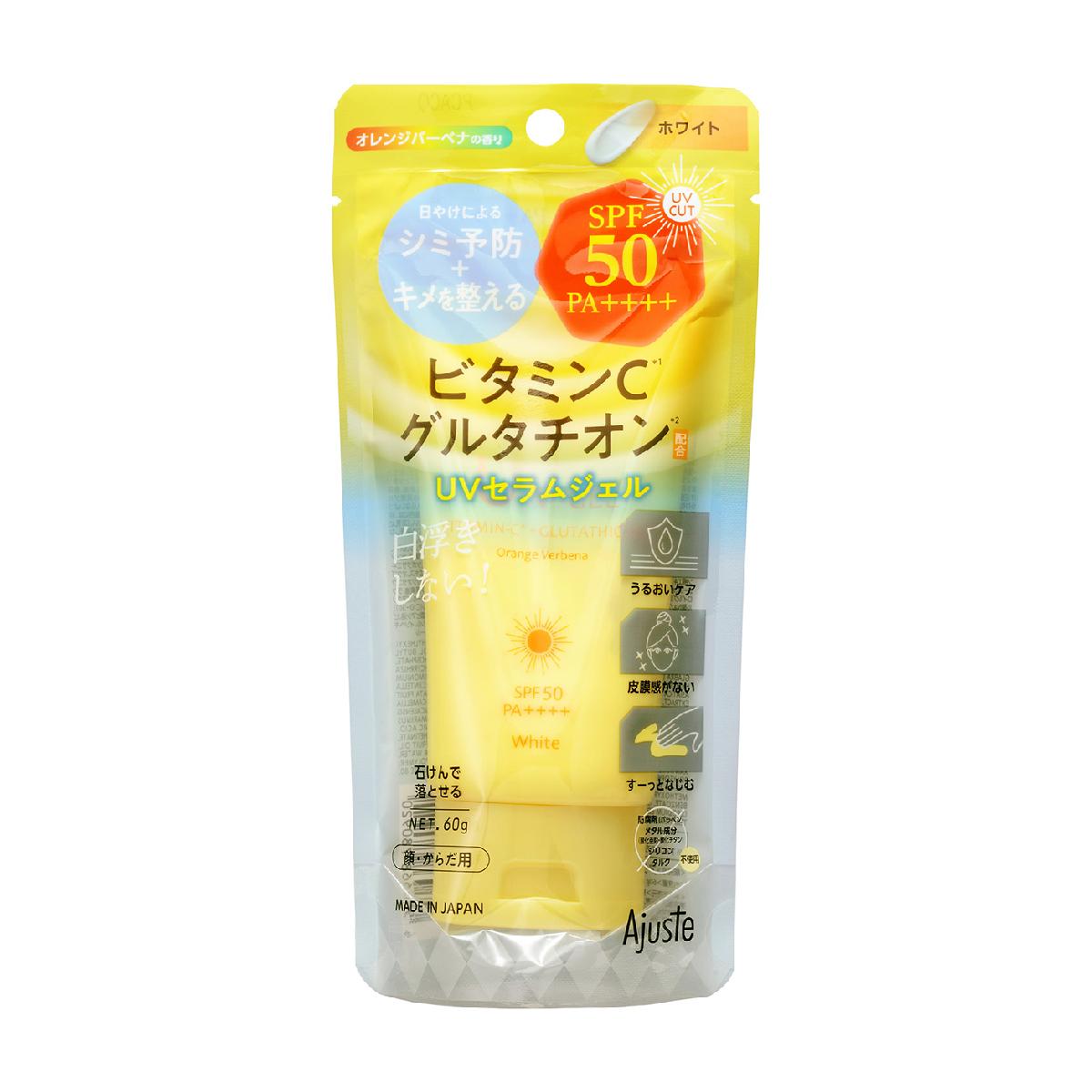 アジャステ UVジェル VCグルタチオンその他メーカー / その他商品の特徴オレンジバーベナの香り(清潔感あふれるシトラスの香り)【ホワイトカラー】【SPF50PA++++】【ビタミンC＆グルタチオン成分：日焼けによるシミを防ぐ／キメを整える】●石けんで落とせる●外出先の塗り直しにぴったり！●UV対策しながらスキンケア●日焼けによるシミ予防+キメを整える●うるおいを与える●ビタミンC×グルタチオン+14種の植物由来エキス素材プラスティック対象ユニセックス内容量15g製造国日本シーズン2026年モデル26ssacc