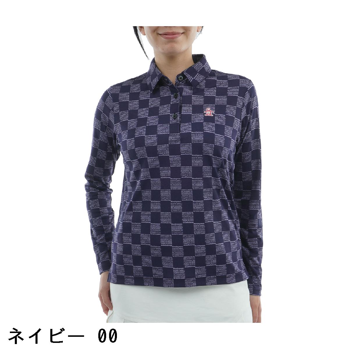 マンシングウェア　Munsingwear　ストレッチ 総柄プリントテーラードスムース長袖ポロシャツ　レディス