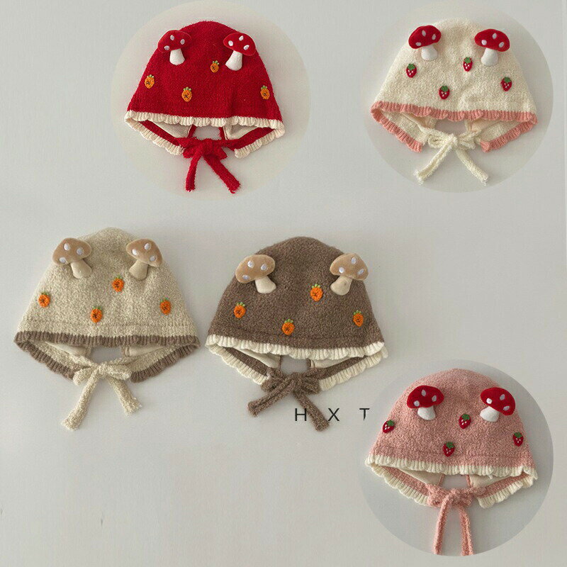 新生児 帽子 ボンネット帽子 かわいいキノコデザイン ベビー帽子 ベビーファッション 秋冬 赤ちゃん ベ..