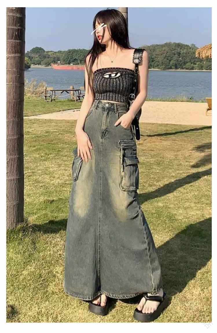 乐天商城 - デニムスカート ミリタリー スカート マキシ丈 レディース ミリタリースカート カーゴ デニム ウォッシュ加工 ヴィンテージ レトロ風 30代 40代 着 体型カバー Aライン 50代