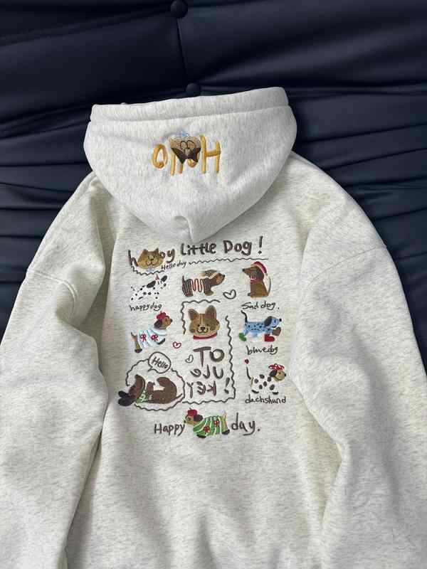 パーカー レディース かわいい ダックスフント 犬プリント 裏起毛 秋冬 高級感 小柄 INS風 カジュアル ゆったり グレー おしゃれで普段使いに最適な女性 保温性抜群 長袖 ポリエステル