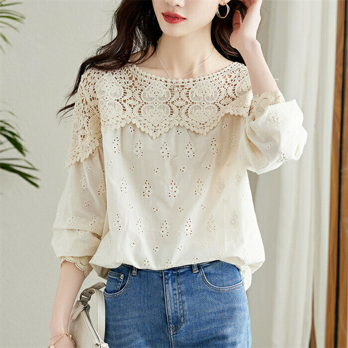 Blouses - レース 切り替え ブラウス シャツ 半袖 長袖 レディース シャツブラウス カットソー 春 夏 秋 Tシャツ 綿 トップス チュニック ぽわん袖 ロング コットン