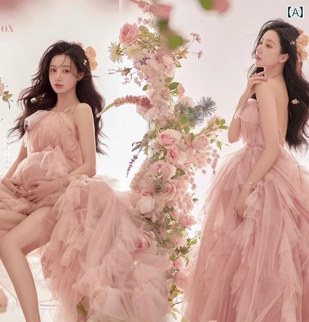 マタニティ フォト 衣装 おしゃれ ファッション スタジオ 記念 写真 妊娠 美しい スーパー フェアリー ピンク ウェディング かわいい フリーサイズ ドレス 2
