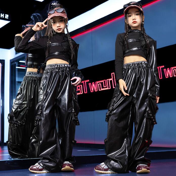 乐天商城 - 女の子 ジャズダンス 衣装 レザーパンツ ダボ感 カーゴパンツ ジャズ ヒップホップ かっこいいダンス衣装 レザー 演出服子供服 jazz 男女兼用 ステージ衣装