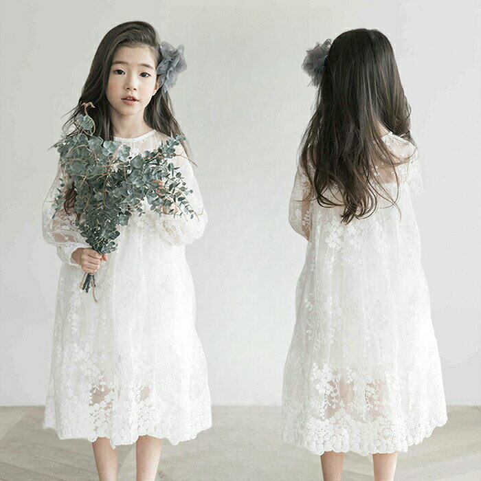レースワンピース 女の子 花柄総レース 子供 半袖 白 刺繍 キッズ 白ワンピース ドレス 長袖 ワンピース ガールズドレス リゾ 森ガール ロング