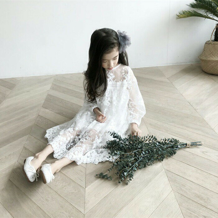 レースワンピース 女の子 花柄総レース 子供 半袖 白 刺繍 キッズ 白ワンピース ド...