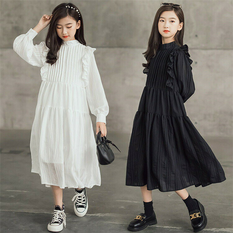 乐天商城 - ワンピース 長袖 女の子 秋 白ワンピース カジュアル 韓国 子供服 キッズ 黒 白 長袖ワンピース ピアノ 発表会 120 130 140 165 160 150