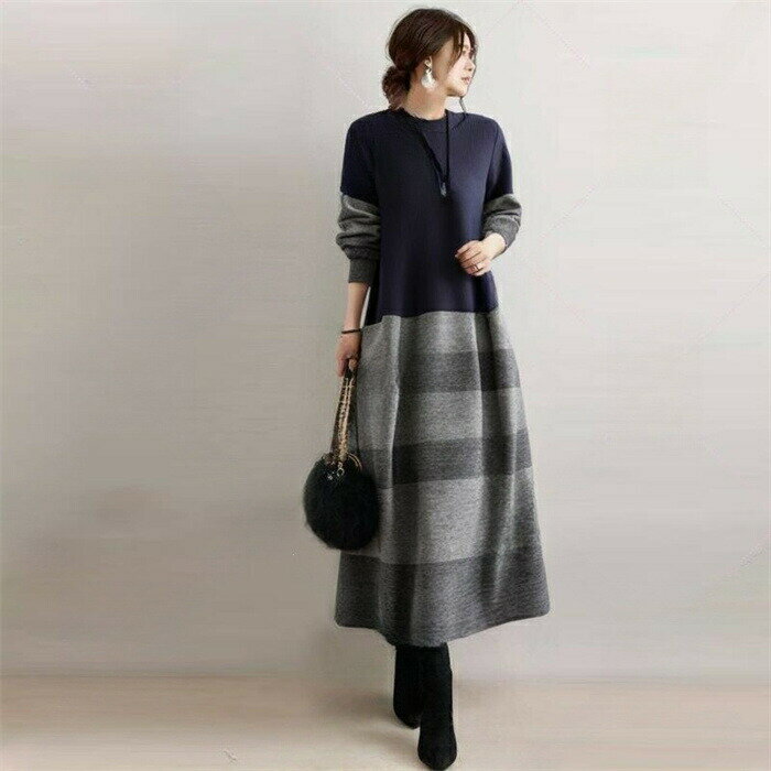 ワンピース ロング レディース ワンピ クルーネック ストライプ柄 ボーダー柄 春 秋 冬 長袖 体型カバー バイカラー 大きいサイズ シンプル お きれいめ ゆったり
