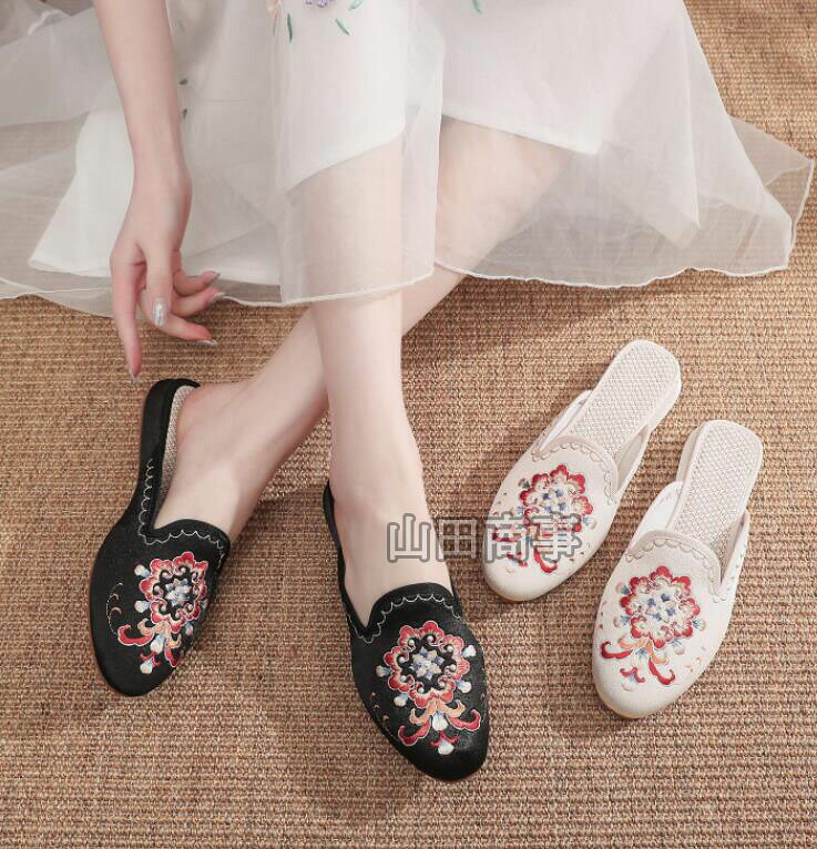 ローヒール刺繍サンダルチャイナシューズレディース スリッポン スリッパ 中華パンプス歩きやすい 室外靴中華靴 中華シューズ エスニック かわいい 疲れない ダンスシューズ 靴 中華