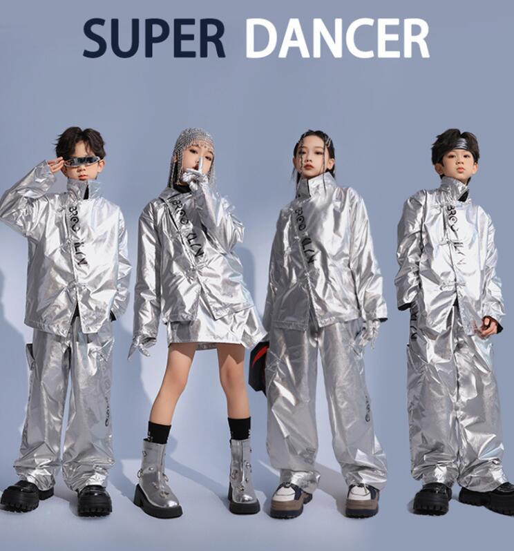 Rakuten - 子供ヒップホップジャズダンス衣装かっこいい舞台演出服シルバー光沢ありジャケットロング丈パンツ女の子スカートpu