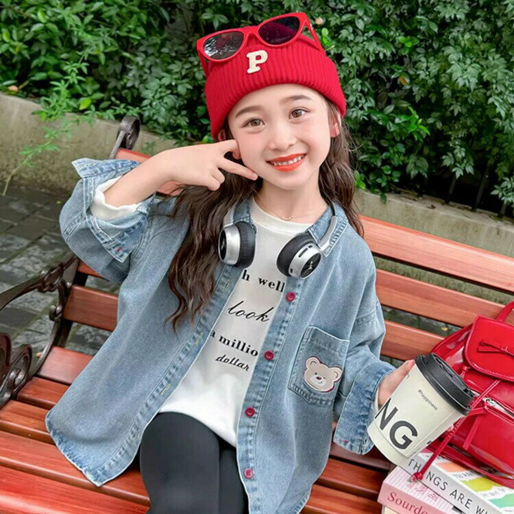 デニムシャツ キッズ 女の子 秋 デニム チュニック 長袖 ジャケット ブラウス ロング カジュアルシャツ ゆったり 無地 羽織り 薄手 110 120 130...