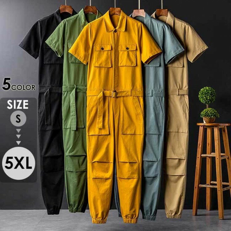 つなぎ ツナギ 綿 半袖 オーバーオール おしゃれ ヒップホップ オールインワン 大きいサイズ メンズ レディース 男女兼用 作業服 緑 黒 カーキ グレーブル...