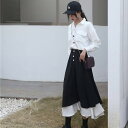 ロングスカート フレアスカート 秋冬スカート スカート ボトムス レディース 切り替え バイカラー ウエストゴム ハイウエスト Aライン ロング ツートンカラー...