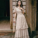 パーティードレス ワンピース ドレス 結婚式 お呼ばれ ロング 花柄 総レース 切り替え レトロ 半袖 春 夏 10代 20代 30代 二次会 可愛い きれいめ おしゃれ 韓国 ベージュ 個性的