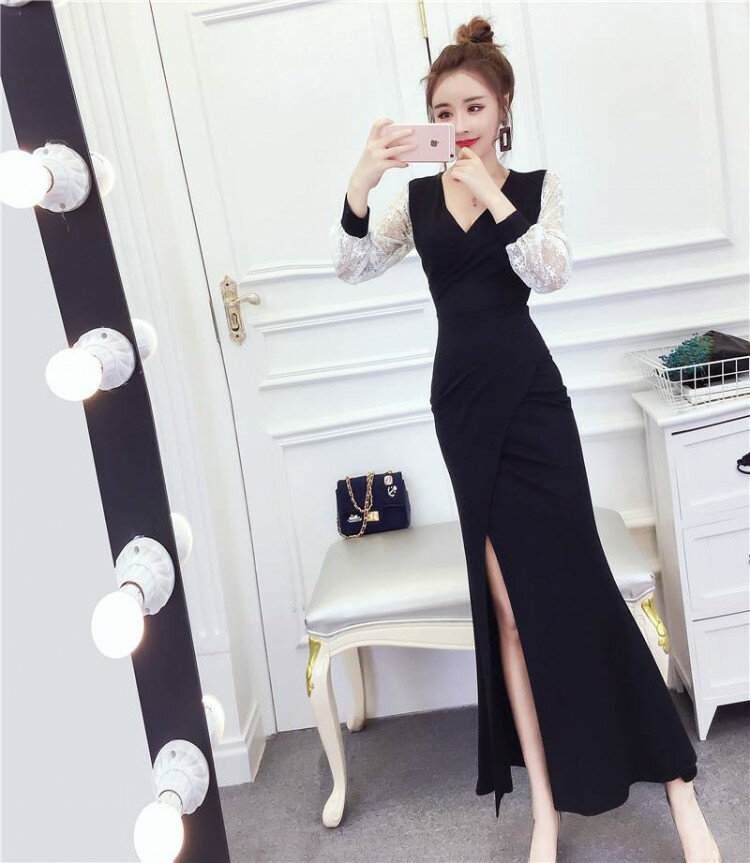 2色 キャバ ドレス ロング 黒 白 セクシー 大胆 スリット マーメイド vネック おしゃれ きれいめ 無地 パーティードレス バイカラー レース サイドスリ レディース xl ワンピ