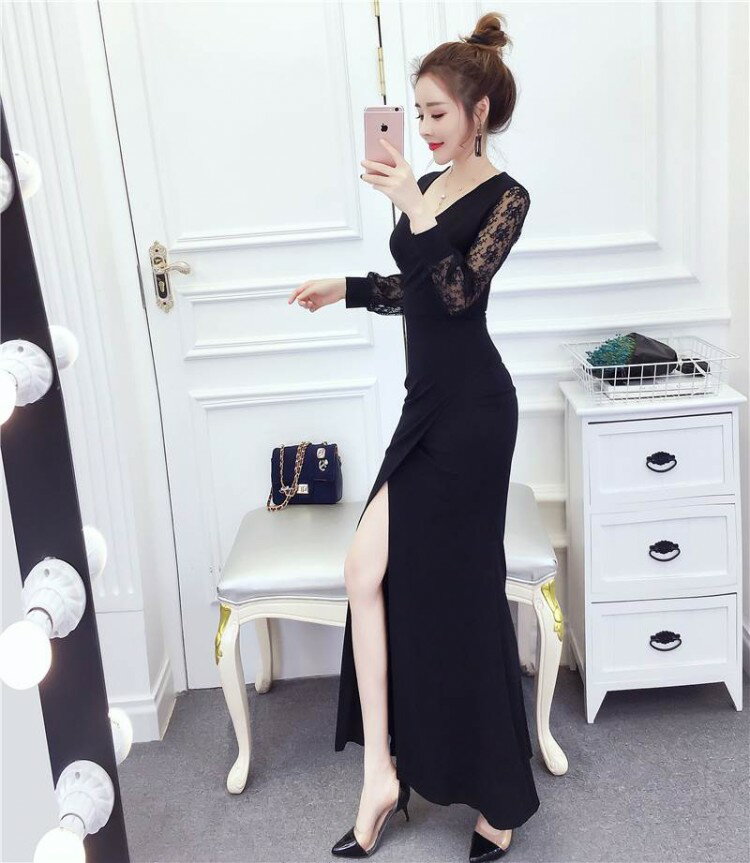 2色 キャバ ドレス ロング 黒 白 セクシー 大胆 スリット マーメイド vネック おしゃれ きれいめ 無地 パーティードレス バイカラー レース サイドスリ レディース xl ワンピ