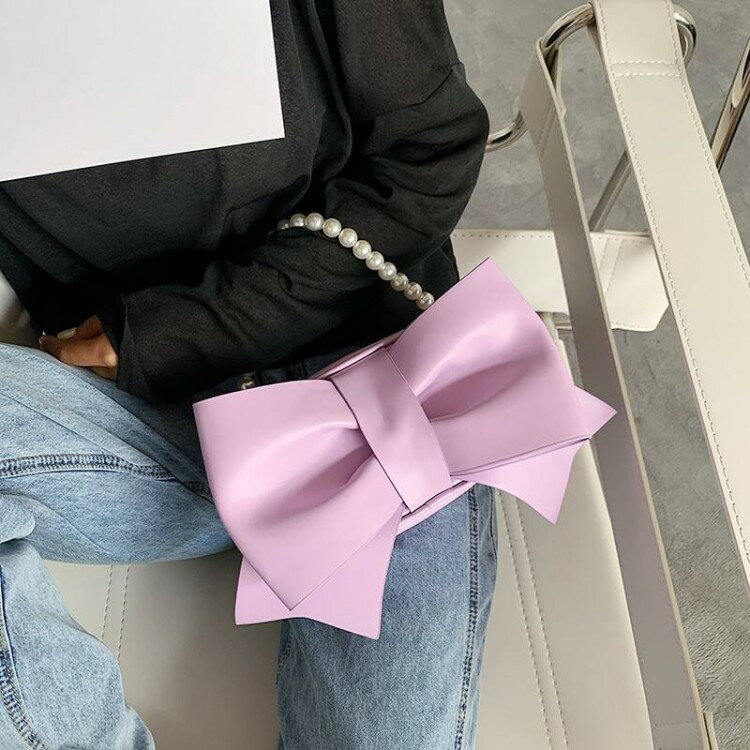 4色 バッグ レディース 2way ショルダーバッグ ハンドバッグ ビッグ リボン おしゃれ 大人可愛い 存在感 パール 手提げ 斜めがけ 肩がけ バック ピンク 白 グリーン パステ 無地 パープルのサムネイル