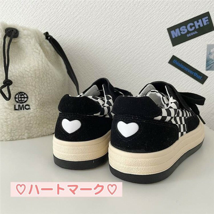 スニーカー スリッポン シューズ レディース ブロックチェック 市松模様 ハート マーク 黒 白 フラット..