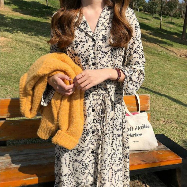 2色 ワンピース ロング ミモレ丈 花柄 Vネック シフォン ブラック 黒 アプリコット ベージュ レトロ ワンピ おしゃれ きれいめ かわいい リボン 長袖 春 秋 10代 大人カジ 30代 20代