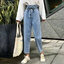 デニム パンツ レディース クロップドパンツ 9分丈 アンクル丈 ジーンズ ジーパン 長ズボン ストレート ウエストリボン おしゃれ 大きいサイズ ガ レトロ ボタン プラスサイズ