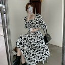 花柄ワンピース スクエアネック パフスリーブ バイカラー モノトーン ミモレ丈 長袖 バルーンスリーブ 花柄 フレアワンピース ダーツ ハイウエスト ゆったり 学生 上品 きれいめ