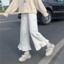 2色 フリルパンツ レディース ストレートパンツ クロップドパンツ 黒 白 無地 レトロ 個性的 ズボン フリル かわいい ボトムス 2XL 3XL 4XL 5...